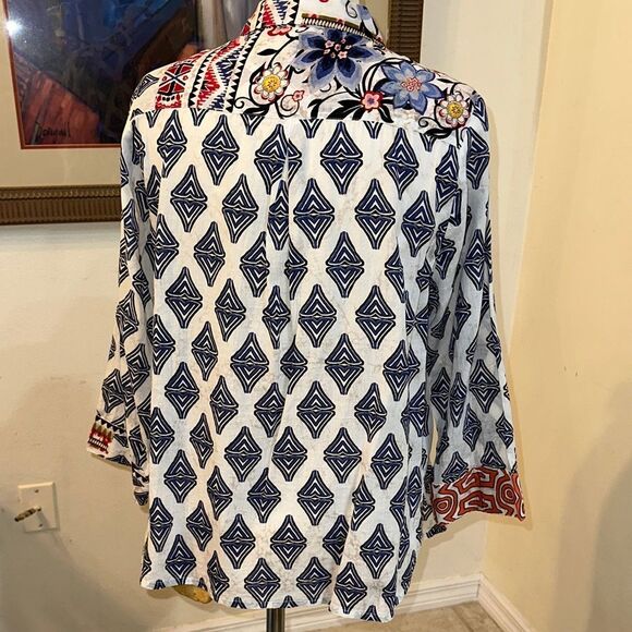 Orientique Naturally Australian Geometric Contrast Patterned Button-Up Shirt MED - Picture 9 of 14